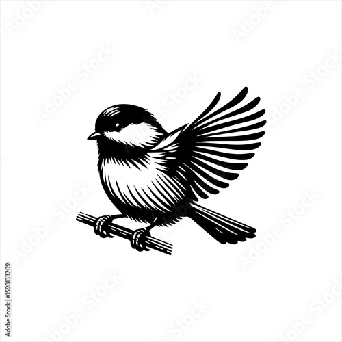 Black and white illustration of a chickadee perched on a branch with wings outstretched