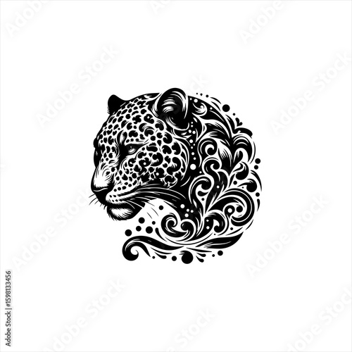 Stylized black and white leopard head with ornate swirls