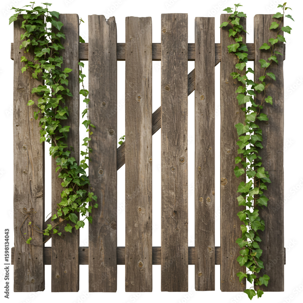 Naklejka premium Photo of Wooden Fence with Ivy Vines, Natural Wood Texture