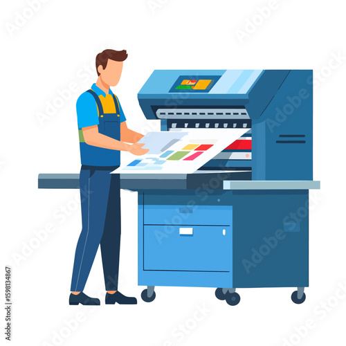 A graphic illustration of a print technician operating a large industrial printing machine, checking color samples.