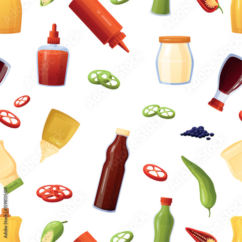 Sauce bottles seamless pattern. Peppers spices and sauces. Ketchup mayonnaise mustard soy. Food topping print design, tasty vector background