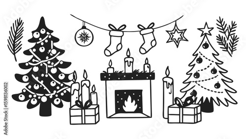 A christmas scene with trees, fireplace, gifts, candles, stockings, and ornaments in black and white