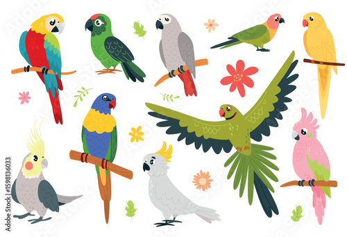 Cartoon parrots characters. Funny exotic birds sitting on branch and flying. Isolated tropical vibrant bird, cute parrot macaw, cockatoo, classy vector set