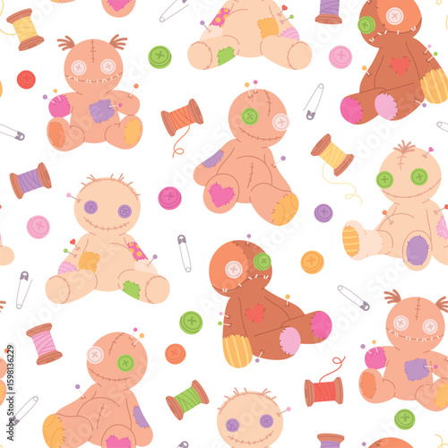 Voodoo dolls seamless pattern. Creepy with toys with pins, stitch, patches. Scary halloween style print for fabric, wallpaper, wrapping, racy vector background