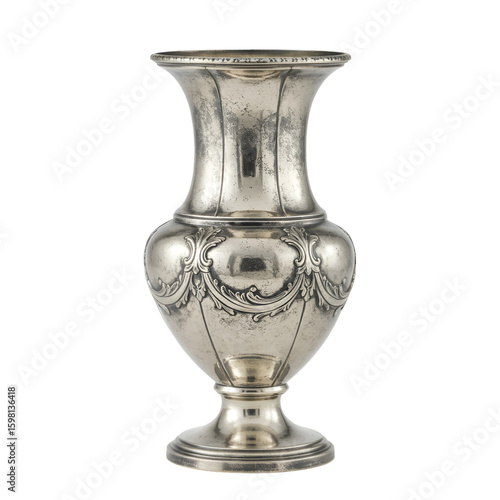 A detailed photo of an antique silver vase with intricate designs. It is a vintage silver vase