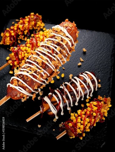 Korean corn dogs on a bark background - freshly fried dipped and drizzled corndogs - close up image of Korea street food viral trend video animation.