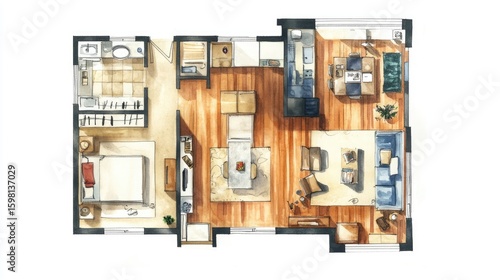 Small apartment floorplan watercolor style illustration