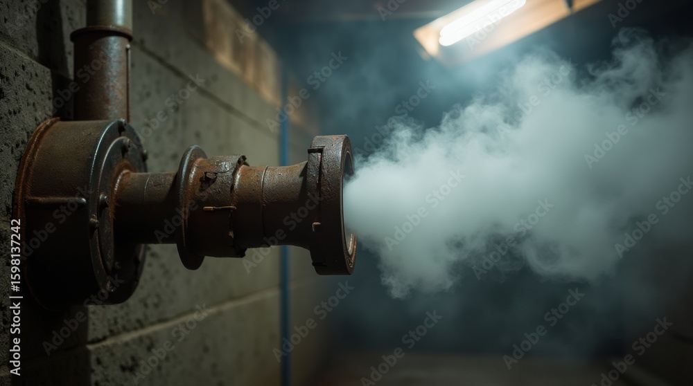 Fototapeta premium Aged metal pipe emitting thick white steam in a dimly lit basement, visible moisture and vapor swirling in the cool air with textured concrete walls in the background.