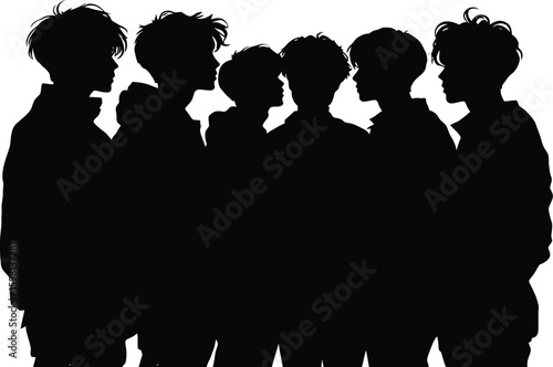 Silhouette illustration of six young men standing together in a group on a white background