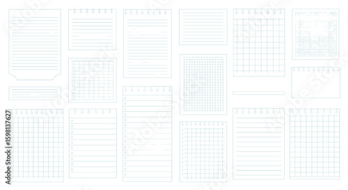 Variety of notebook and notepad page templates with grid lined and bla