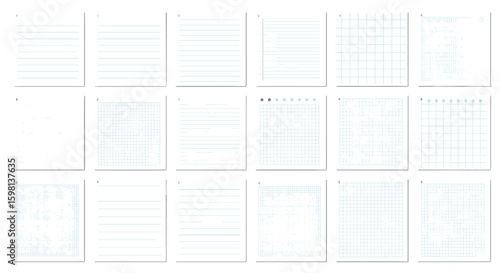 Collection of various notepad page styles: lined grid dotted plain