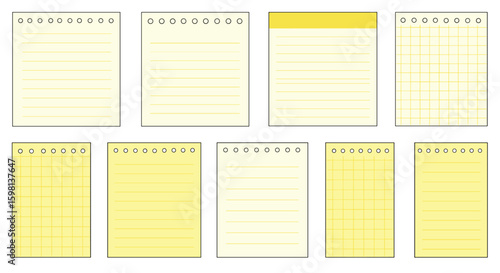 Set of blank notepads with lined and grid patterns in yellow and white