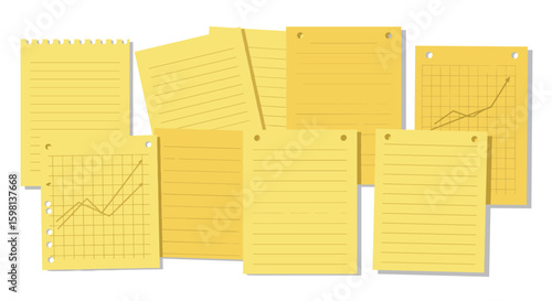 Yellow notepaper collection with graph and lined designs on white back
