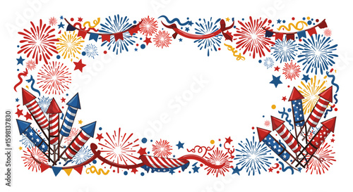 Festive patriotic fireworks and rockets frame with stars and streamers