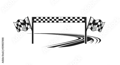Minimalist racing finish line with checkered flags and track