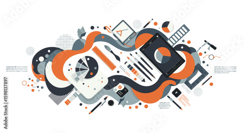 Creative abstract digital design with geometric elements and technolog