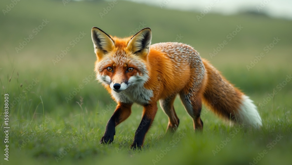 Obraz premium A red fox standing on green grass in a natural outdoor environment.