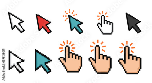 Pixel art cursor icons set: arrows and hands with click animation
