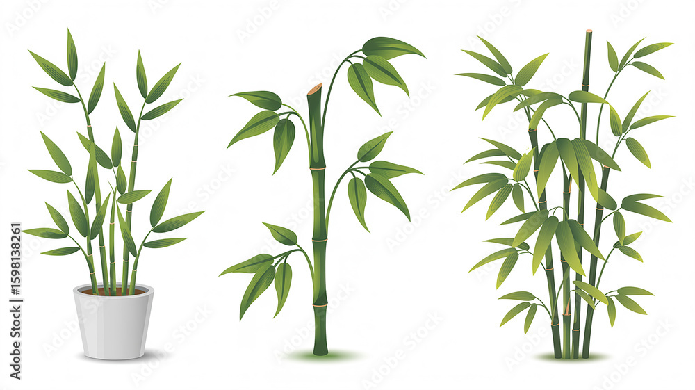Obraz premium Three Illustrations of Bamboo Plants in Different Styles Potted Plant Single Stem and Cluster