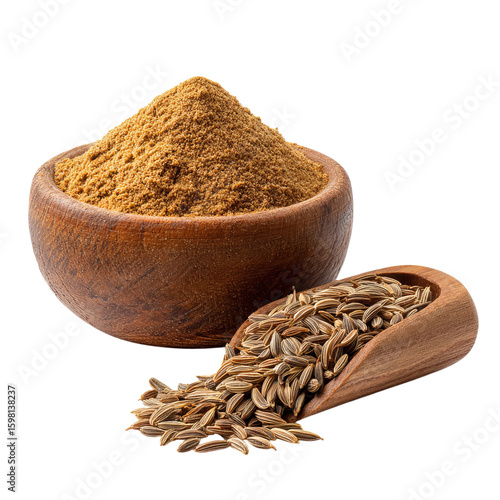 PNG of A wooden bowl filled with fragrant cumin powder beside a scoop of cumin seeds, showcasing earthy tones and rustic charm.
