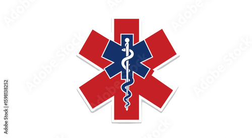 Star of life symbol with caduceus on red and blue medical cross
