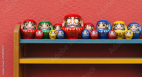 Colorful collection of traditional Japanese Daruma dolls on a wooden shelf against a vibrant red wall, symbolizing good luck and perseverance.