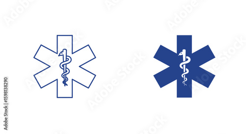 Minimalist medical symbols with star and caduceus design in blue and w