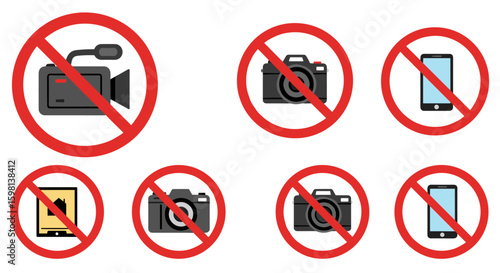 No photography or recording signs for digital devices in flat style