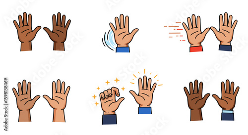 Diverse hand gestures set with animated movements and emotions