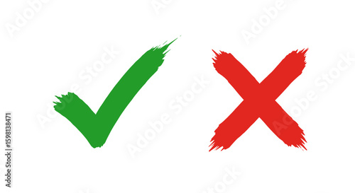 Green check and red cross with bold brush strokes on white background
