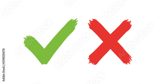 Check mark and cross icon set in brush stroke style