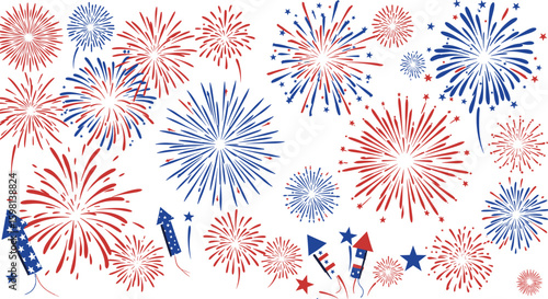Festive fireworks celebration in red and blue colors with stars and ro