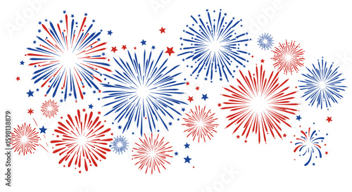 Festive red and blue fireworks celebration on white background