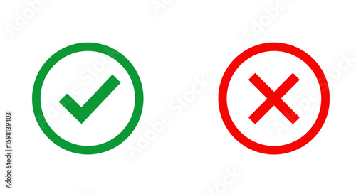 Green check and red cross in flat style for correct and incorrect indi