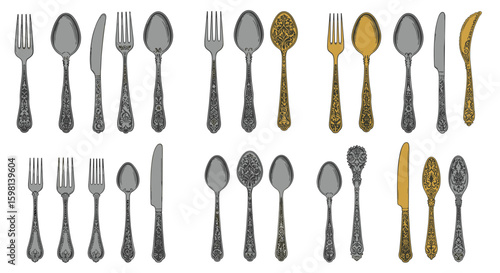 Elegant cutlery set featuring ornate silver and gold utensils