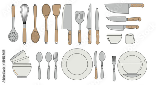 Comprehensive kitchen utensils and tableware set in flat style with ne