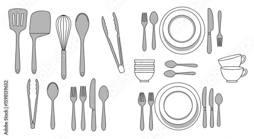 Essential kitchenware set in linear style featuring utensils plates an