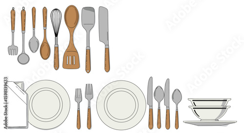 Minimalist kitchen utensils and dinnerware set with wooden handles
