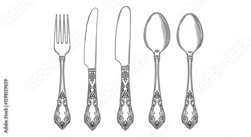 Elegant cutlery set with ornate patterns in black and white linear sty
