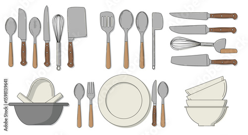 Kitchen utensils and tableware set with wooden handles and modern desi