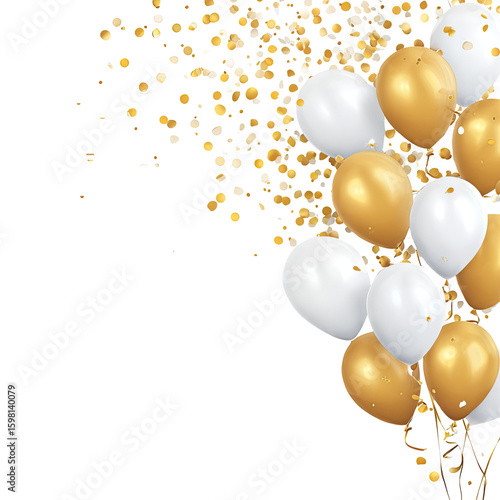 Gold and white balloons with confetti on black background