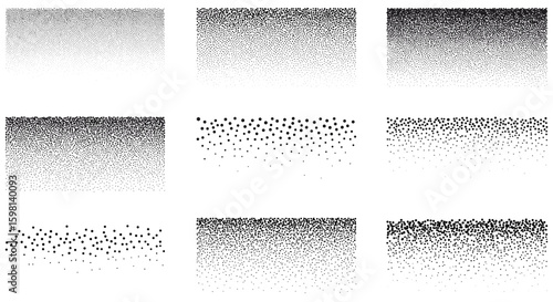 Abstract halftone patterns set with diverse dot gradients in black and