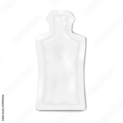 White blank tear notch bottle shaped sachet pouch. Realistic 3d vector mockup. Flat plastic bag. Mock-up. Liquid food product single serve, cosmetic sample packet package. Template for design