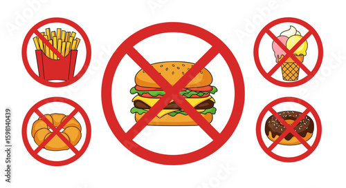 Cartoon fast food ban concept with no signs around junk food items