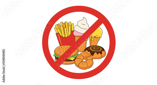 No junk food: healthy lifestyle symbol with fast food ban sign