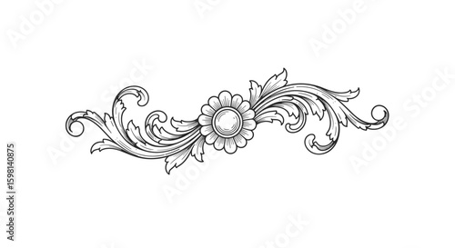 Elegant floral ornament with intricate swirls in detailed line art sty