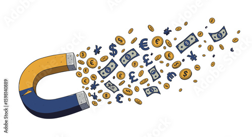 Magnet attracting currency symbols and banknotes in dynamic cartoon st