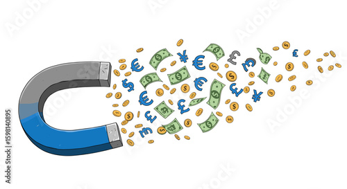 Magnet attracting global currencies and coins in motion
