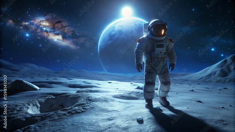 Naklejka premium Astronaut on Moon Surface During Spacewalk at Night 