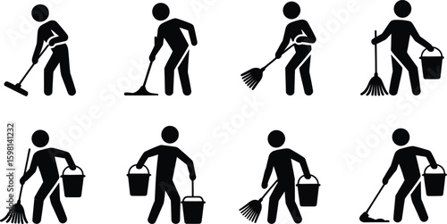 Stick figure cleaning actions with mops and brooms